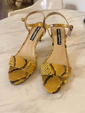 Karl Lagerfeld Yellow Snake-Print Ankle Strap Kitten Heels